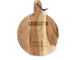 Ronde snijplank/hapjesplank met tekst gravure BEDANKT DAT JE ER VOOR ME WAS. Een origineel cadeau om een speciaal iemand te bedanken. Het formaat is 40x30cm incl. handvat en 30cm doorsnede excl. handvat.