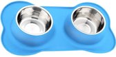 Dubbele RVS Voerbak Hond - Dinerset Drinkbak met Siliconen Placemat - Voederbak Kat - Voer en Drink Bak - Blauw
