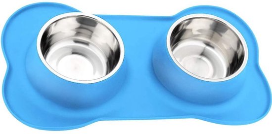 Dubbele Rvs Voerbak Hond – Dinerset Drinkbak Met Siliconen Placemat – Voederbak Kat – Voer En Drink Bak – Blauw