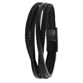 Lucardi Heren blackplated armband gevlochten leer - Staal - Armband - Cadeau - Vaderdag - 19 cm - Zwart