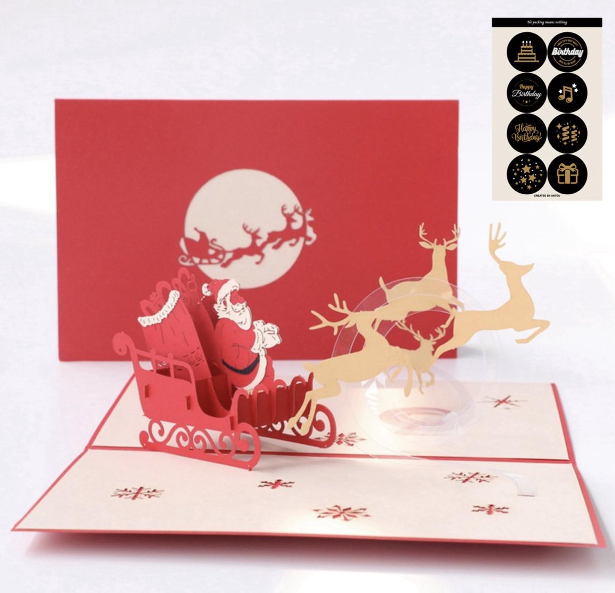 3D popupkaart - Kerstkaart kerstman op slee met rendieren pop-up wenskaart Incl. Envelop & 8 Feestelijke sluitzegels - Complete set