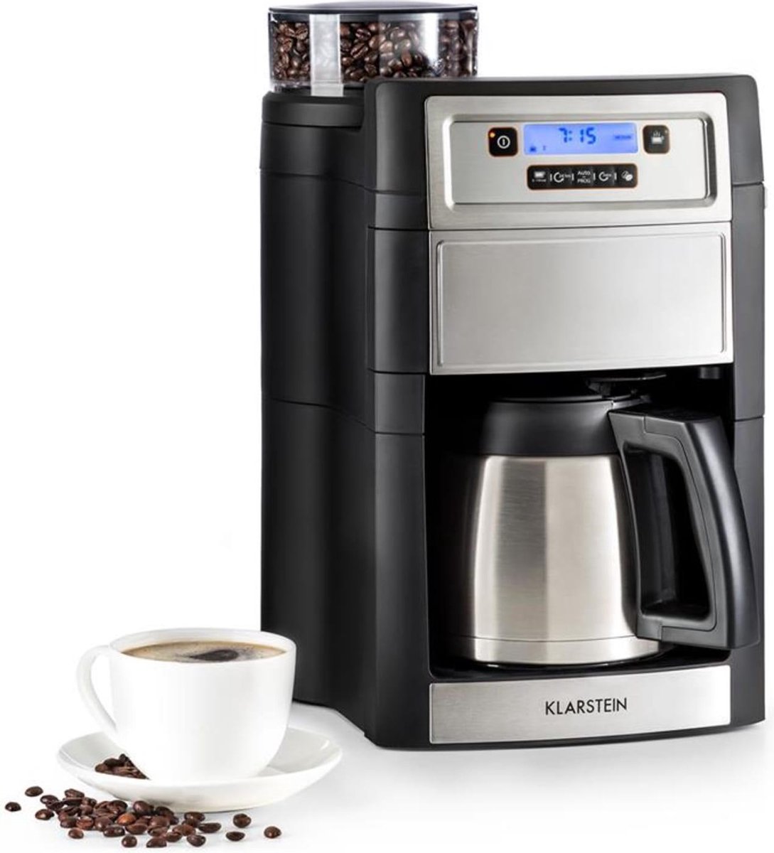 Klarstein Aromatica II koffiezetapparaat Koffiemachine met geïntegreerde koffiemolen voor bonen 5 maalgraden Inclusief thermoskan Ook voor filterkoffie Voor 2 tot 10 kopjes koffie Zilver