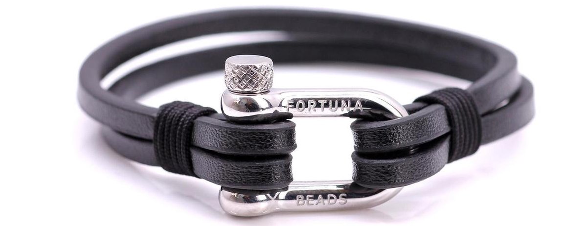 FortunaBeads Nautical L1 Staal Zwart Armband – Heren – Leer – Large 20cm