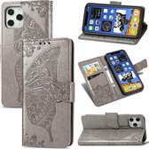 Telefoonhoesje voor Apple iPhone 12 | Hoogwaardig PU Leren Bookcase | Lederen Wallet Case | Pasjeshouder | Portemonnee | Vlinder Patroon | Grijs