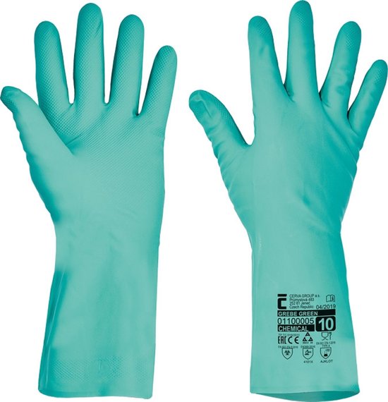 Turquoise nitril werkhandschoenen, maat 7/S, met tekst 'GREBE GREEN CHEMICAL 10'.