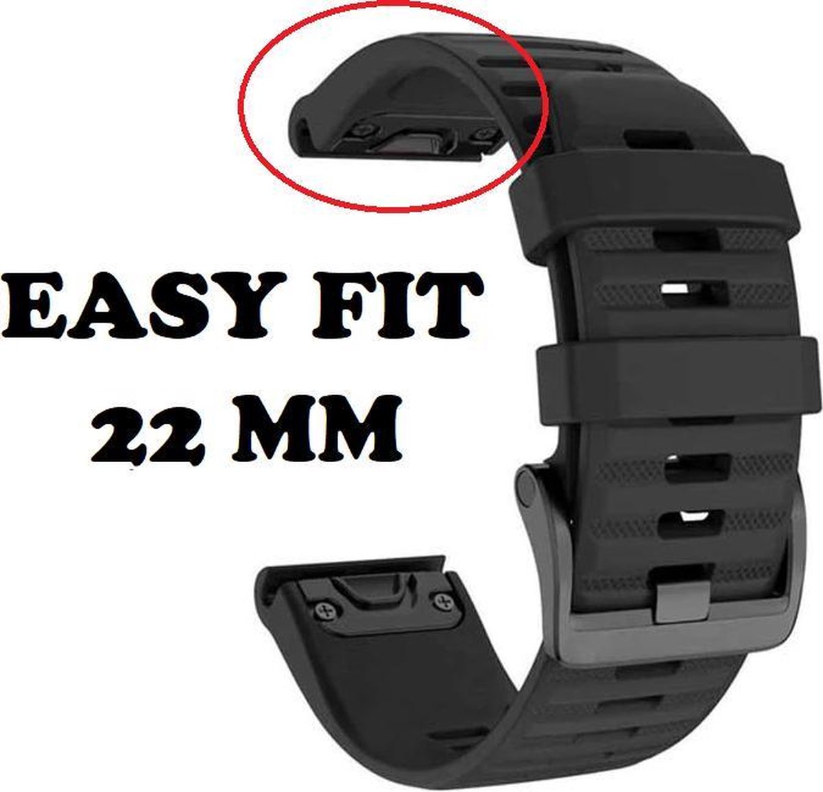 Firsttee - Siliconen Horlogeband - EASY FIT - Voor GARMIN - ZWART - 22 MM - Horlogebandjes - Quick Release - Easy Click - Garmin - S60 - S62 - Fenix 5 - Forerunner 935 - Fenix 6 (Pro) - Horloge bandje - Golfkleding - Golf accessoires - Cadeau - Firsttee