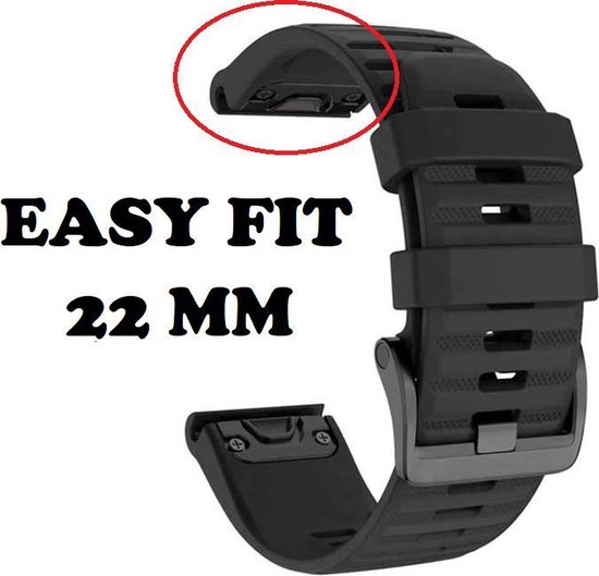 Firsttee - Siliconen Horlogeband - EASY FIT - Voor GARMIN - ZWART - 22 MM - Horlogebandjes - Quick Release - Easy Click - Garmin - S60 - S62 - Fenix 5 - Forerunner 935 - Fenix 6 (Pro) - Horloge bandje - Golfkleding - Golf accessoires - Cadeau