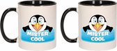 Set van 2x stuks mister Cool bekers / mokken - zwart met wit - 300 ml keramiek - pinguin dieren bekers