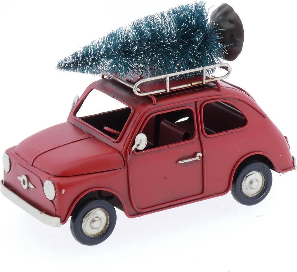 Metalen auto met kerstboom rood ''eend'' 16x6x10cm | Kerst | Kerstdorp