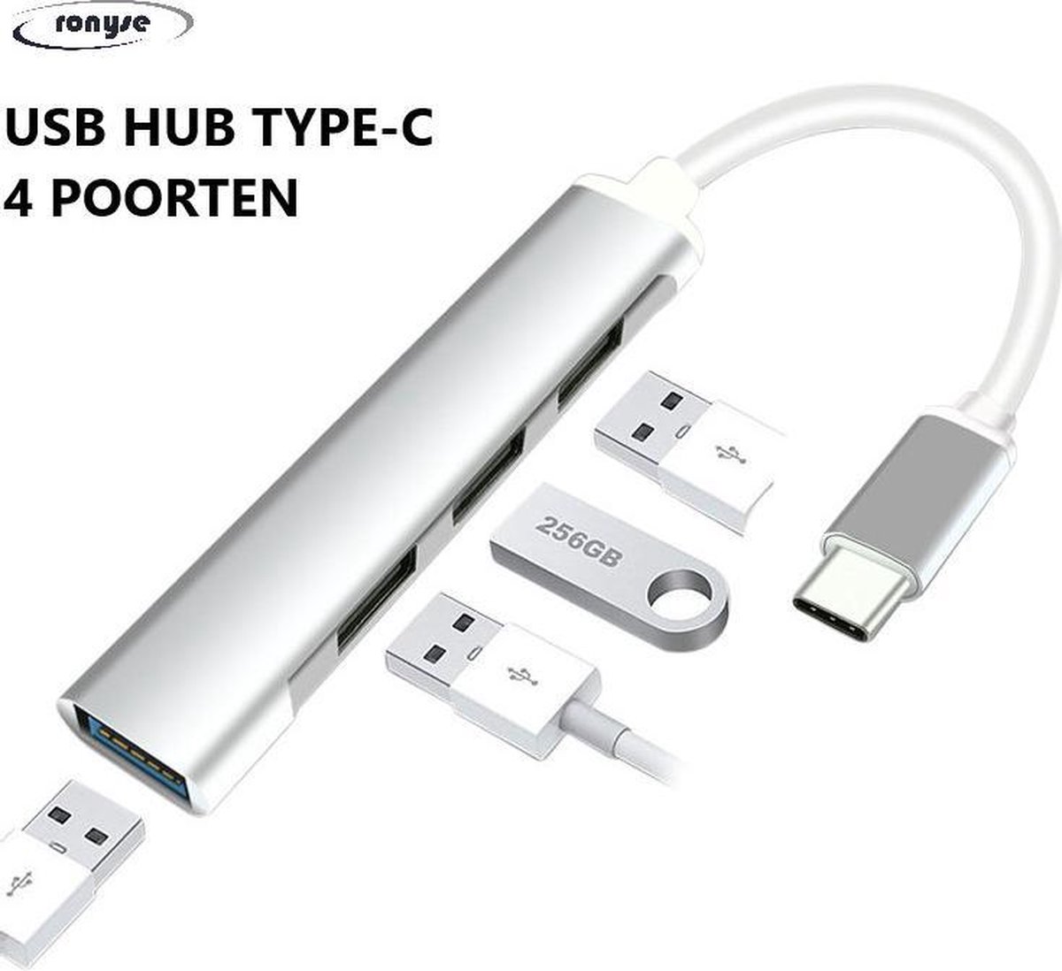 4 in 1 USB C-HUB Multipoort Adapter - 4x USB poorten - USB 3.0 en Type-C opladen - Bruikbaar voor Macbook Pro, iPad Pro