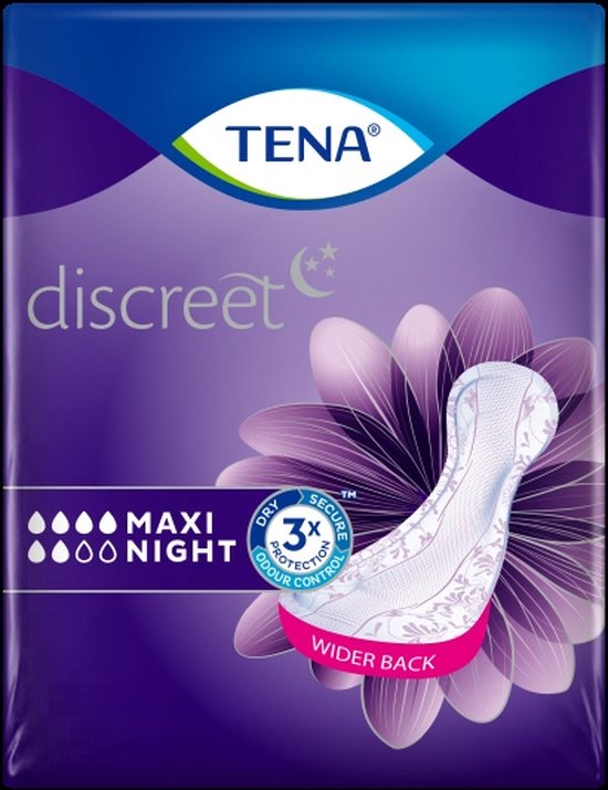 Paarse verpakking TENA Discreet Maxi Night, 12 nachtpads, met bloemenpatroon en productillustratie.