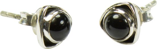 Zilveren knop oorbellen Onyx 925 zilver
