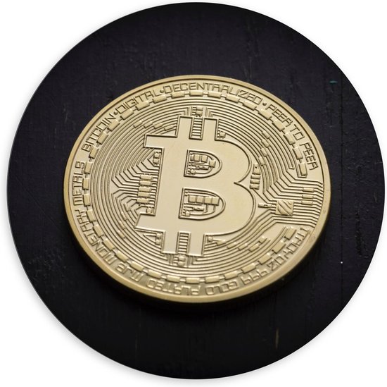 Dibond Wandcirkel - Goude Bitcoin met Zwarte Achtergrond - 140x140cm Foto op Aluminium Wandcirkel (met ophangsysteem)