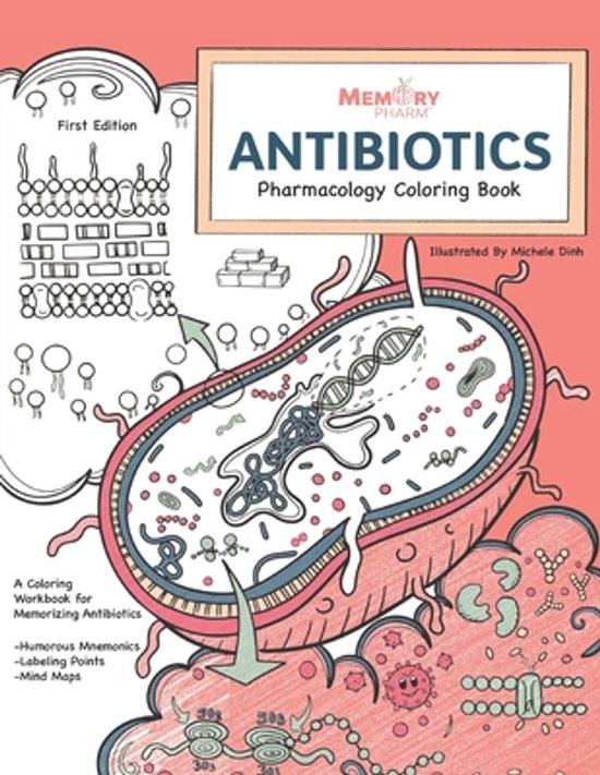 Couverture d'un 'Antibiotics Pharmacology Coloring Book' illustrant une cellule bactérienne, de l'ADN et des médicaments. Texte : 'First Edition', 'MEMORY PHARM', 'ANTIBIOTICS', 'Pharmacology Coloring Book', 'Illustrated By Michele Dinh'.
