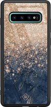 Samsung S10 Plus hoesje glass - Marmer blauw rosegoud | Samsung Galaxy S10+ case | Hardcase backcover zwart