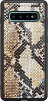 Samsung S10 Plus hoesje glass - Snake / Slangenprint bruin | Samsung Galaxy S10+ case | Hardcase backcover zwart