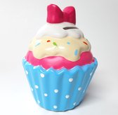 Spaarpot Sundae ijscup type C blauwe cup witte stippen roze ijs gele topping en roze strik