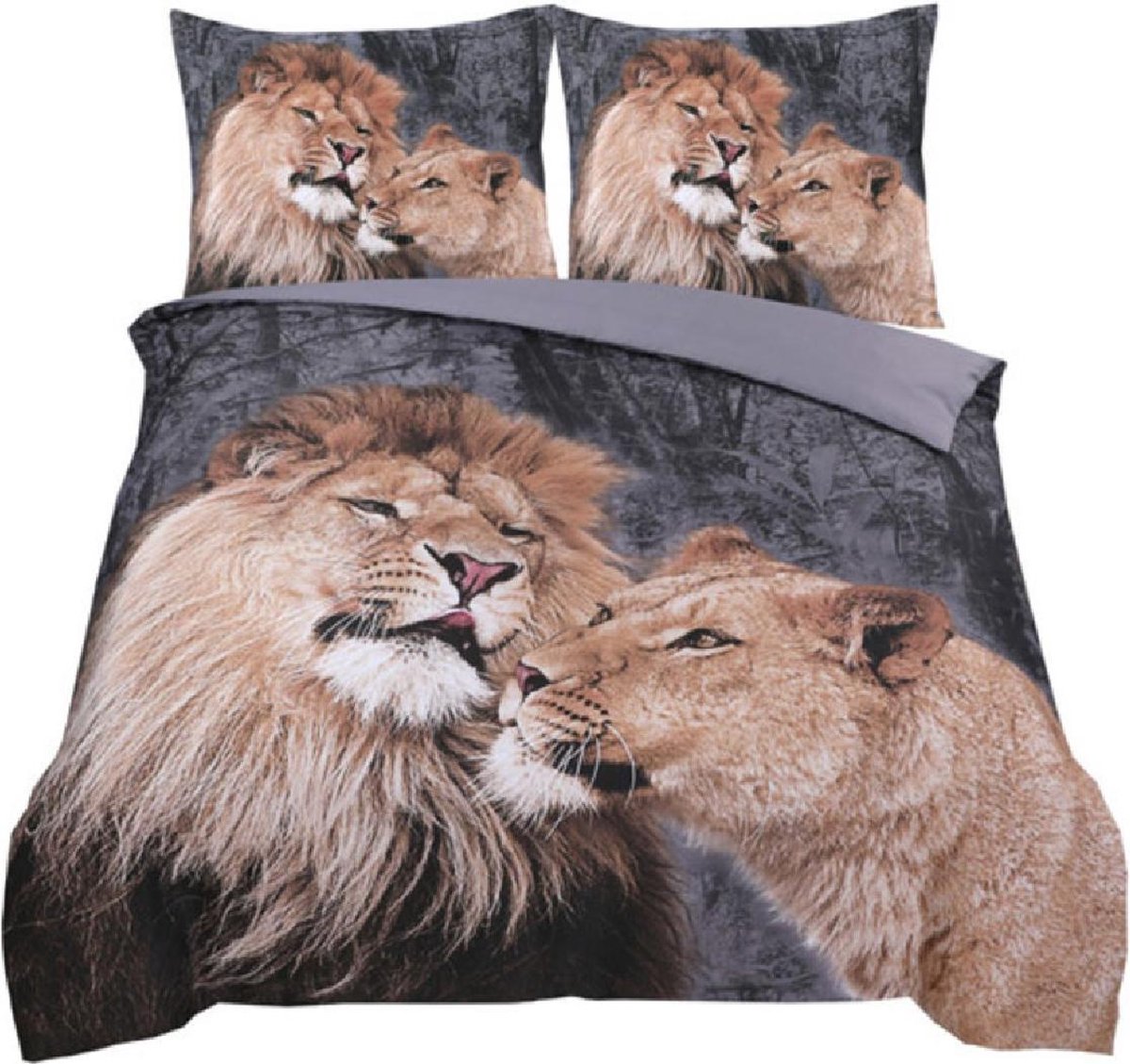 Dekbedovertrek Lion Love Antraciet|Taupe- Tweepersoons -200x200/220cm + 2 kussenslopen 60x70cm