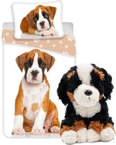 Honden dekbedovertrek set 140 x 200 cm, incl. super zachte Berner Sennen hond van 26cm , kinderen slaapkamer eenpersoons dekbedovertrek