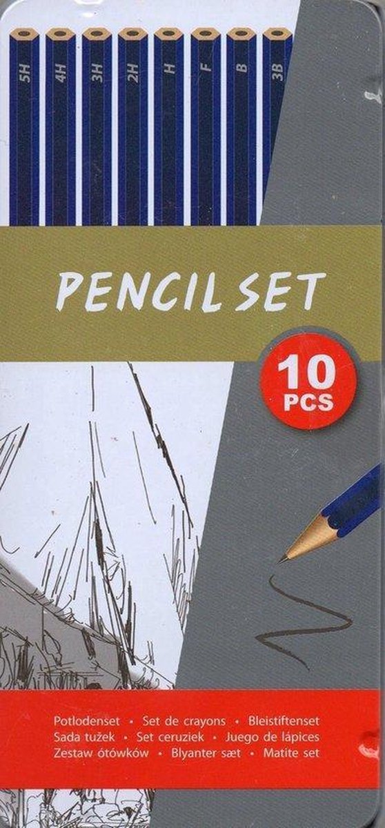 Potloden set in metalen blik - 10 stuks / 5H, 4H, 3H, 2H, H, F, B en 3B