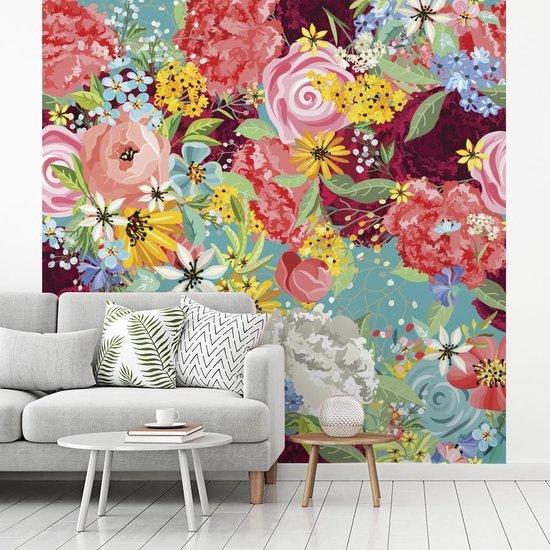 Papier peint photo peint vinyle - Une illustration de design floral coloré largeur 240 cm x hauteur 240 cm - Tirage photo sur papier peint (disponible en 7 tailles)