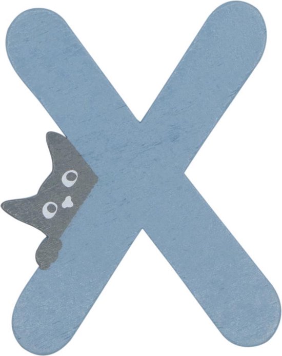 Houten Letter X Blauw met Kat | 9 cm