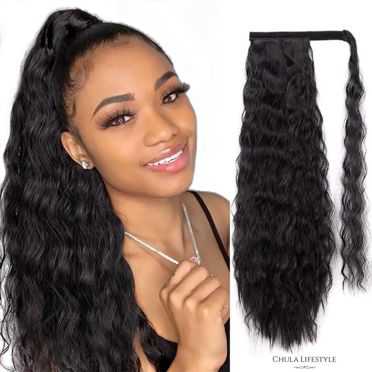 Chula Lifestyle Paardenstaart Haar Extension Zwart Lang Krullend Golvend 56 cm - Ponytail Extensions Black Long Curly Wavy 22 inch - Chula Lifestyle