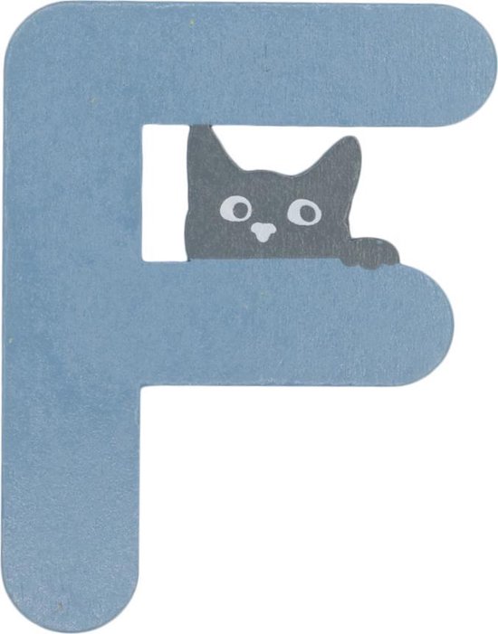 Lettre en bois F Blauw avec chat | 9 cm
