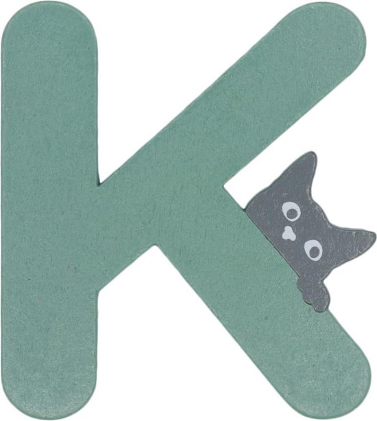 Houten Letter K Groen met Kat | 9 cm