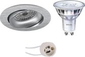 LED Spot Set - Pragmi Delton Pro - GU10 Fitting - Inbouw Rond - Mat Zilver - Kantelbaar - Ø82mm - Philips - SceneSwitch 827 36D - 1.5W-5W - Warm Wit 2200K-2700K - Dimbaar