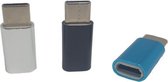 Set van 3 Verloop Adapter MICRO USB-adapter naar USB-C – Nieuw Model - Opzetstuk - Micro-USB to USB C Converter – Zwart + Blauw + Zilver - oDaani