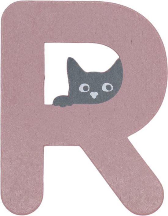 Houten Letter R Roze met Kat | 9 cm