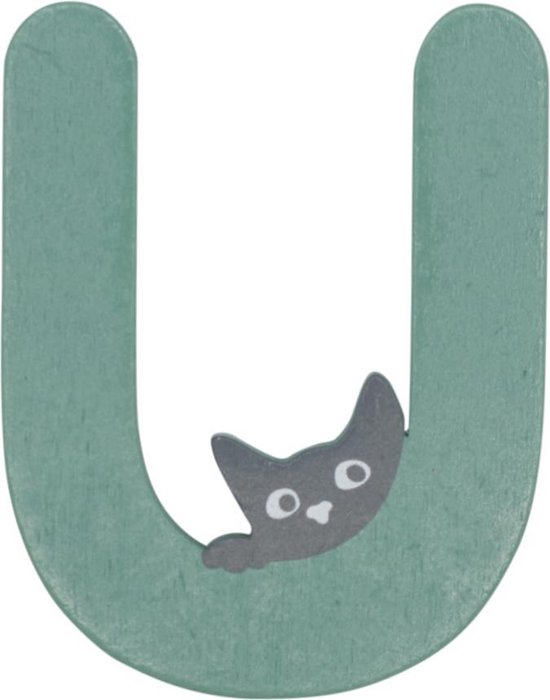 Houten Letter U Groen met Kat | 9 cm