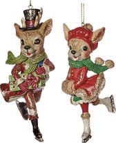 Viv! Home Luxuries Kerstornament - Hertjes op schaats - set van 2 - bruin rood groen - 10,5cm