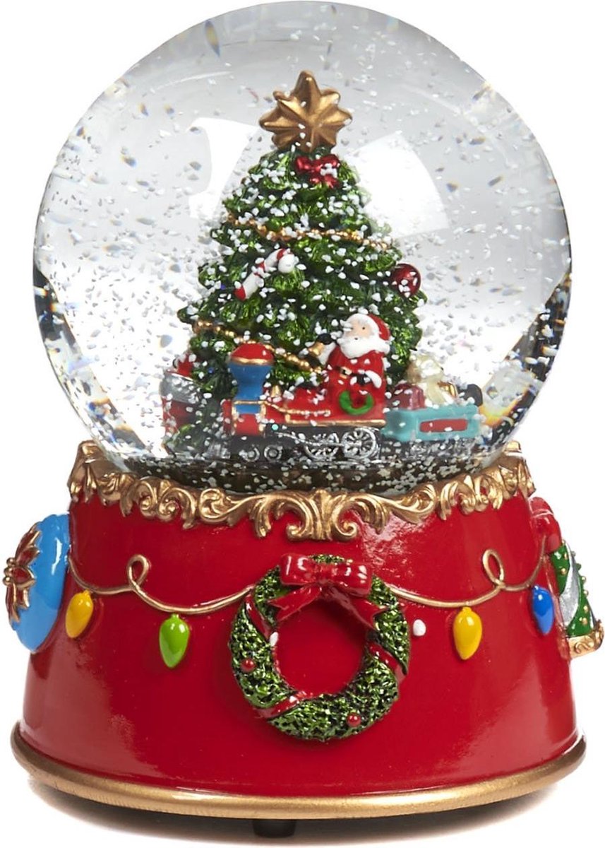 Viv Christmas Kerst Sneeuwbol incl. Muziekdoos - Kerstman in Kersttrein - rood - 14cm
