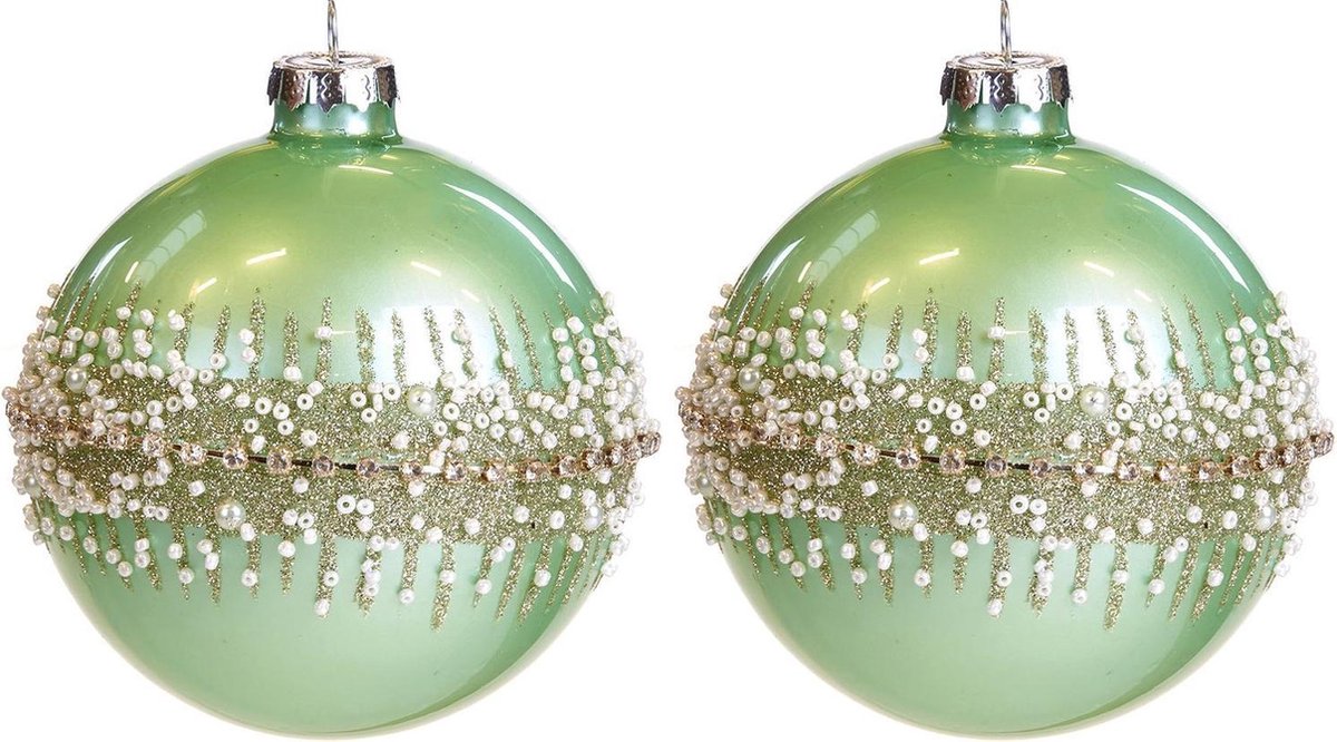 Viv! Christmas Kerstbal - Glitterrand kraaltjes - set van 2 - glas - groen goud wit - 10cm