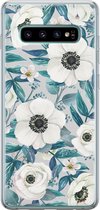 Samsung Galaxy S10 hoesje siliconen - Witte bloemen - Soft Case Telefoonhoesje - Bloemen - Blauw