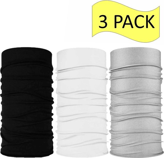 Fako Fashion® - 3-Pack Colsjaal - Microfiber Faceshield - Bandana - Nekwarmer - Sjaal - Zwart/Wit/Grijs