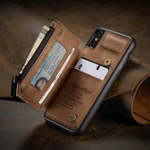 Leren hardcase met pasjesgleuven en apart vak met ritssluiting iPhone X/Xs - bruin - Caseme