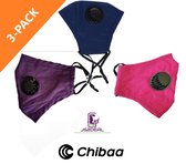 Chibaa - JS2DEAL - 3-Pack Blauw/Roze/Paars - Mondkapje Wasbaar Herbruikbaar Mondmasker Met Ventiel en 1 vervangbare PM2.5 Filter - Katoenen Mondmasker met ventiel en filter - ijzer
