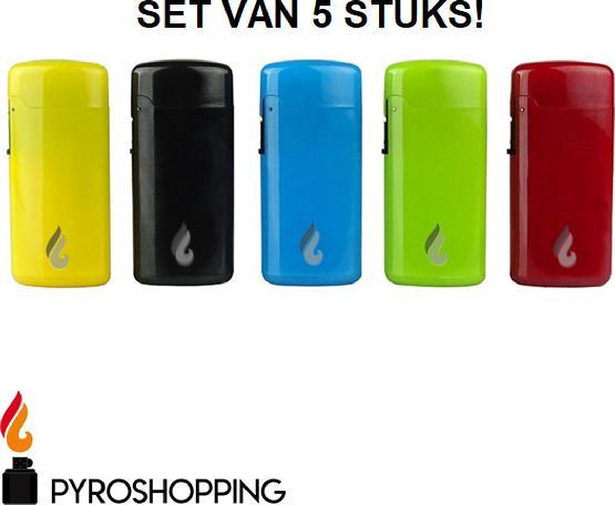 Goedkoopste Pyroshopping Neon Lighters – Set van 5 Stuks – Gasaanstekers – Stormvlam – Windvaste vlam – Windproof gasbranders – Vuurwerk- Tabak – Kaarsen – Vuurkorf etc.
