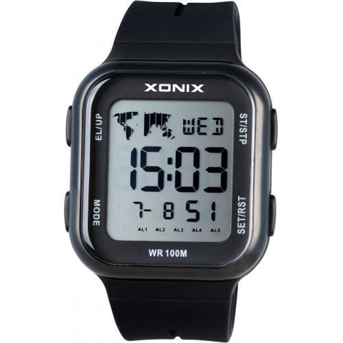 Xonix DAP-006 - Horloge - Digitaal - Unisex - Rechthoek - Siliconen band - ABS - Cijfers - Achtergrondverlichting - Alarm - Start-Stop - Chronograaf - Tweede tijdzone - Waterdicht - 10 ATM - Zwart