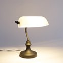 Lampe de banquier avec abat-jour blanc et base en métal foncé.
