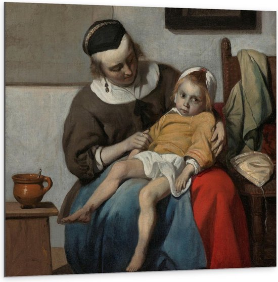 Dibond - Oude meesters - Het zieke kind, Gabriël Metsu, ca. 1664 - ca. 1666 - 100x100cm Foto op Aluminium (Wanddecoratie van metaal)