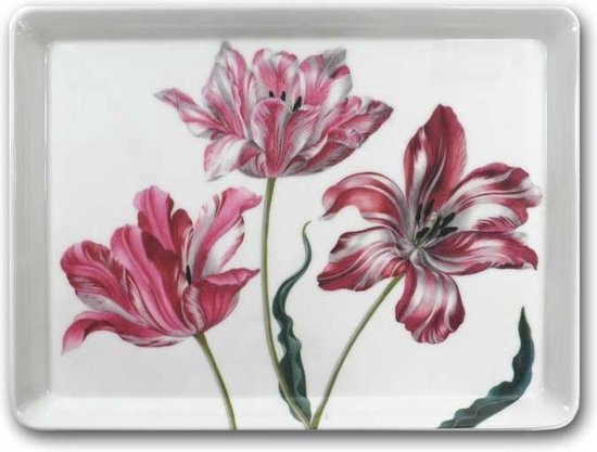 Wit dienblad met drie roze en witte gestreepte tulpen.