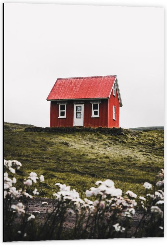 Dibond - Rood huisje op de Bergen - 60x90cm Foto op Aluminium (Met Ophangsysteem)
