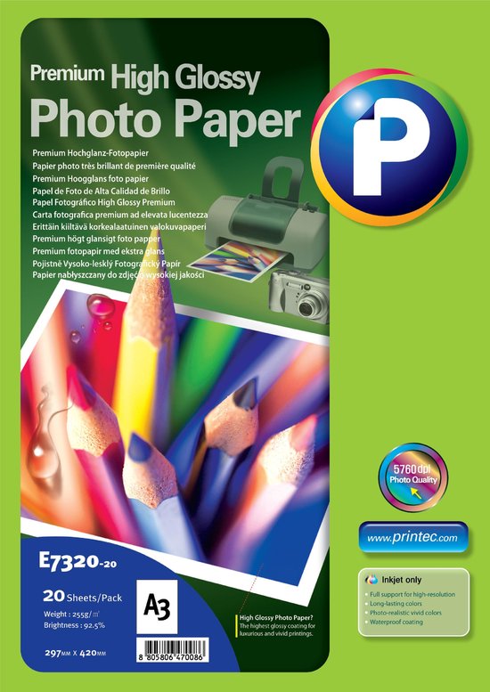 Printec Fotopapier - Premium High Glossy - 20 vellen - 297x420mm, 255 gram  per m² 