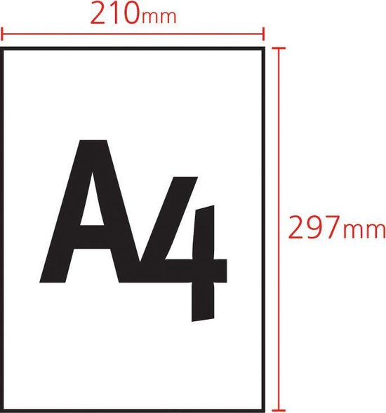 Afmetingen A4 papier: 210 mm x 297 mm.
