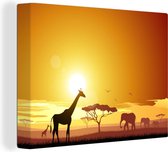 Canvas Schilderij Illustratie van een Afrikaanse zonsondergang met een giraffe en olifant - 40x30 cm - Wanddecoratie