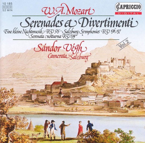 Albumhoes met "W.A. Mozart Serenades et Divertimenti Vol.2" en een schilderij van Salzburg.